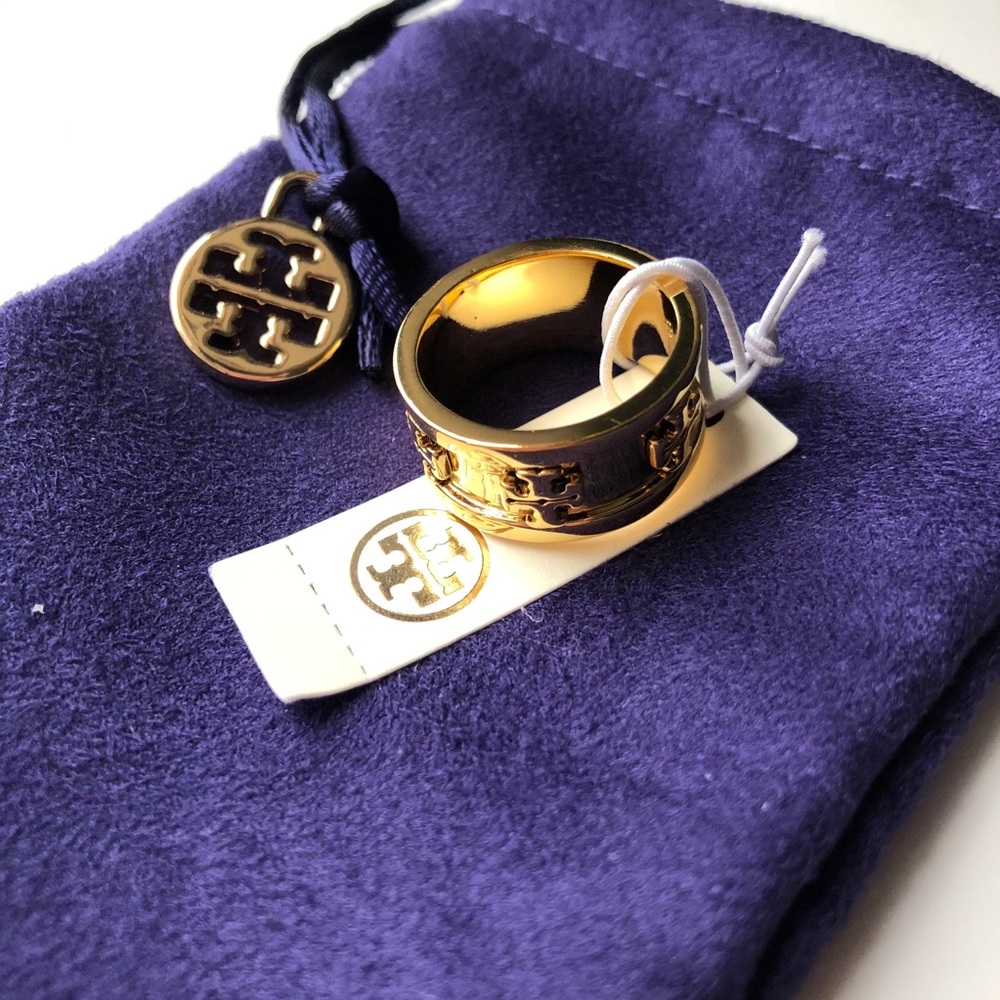 Tory Burch GOLD Metallic Raised Logo Ring